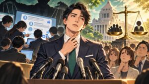 「つまり今回の件は、単なる一陣営の不手際ではなく、「この人物がトップに立った時の説明責任の取り方」を先取りして…」を題材にした架空の成人人物のアニメ風イラスト
