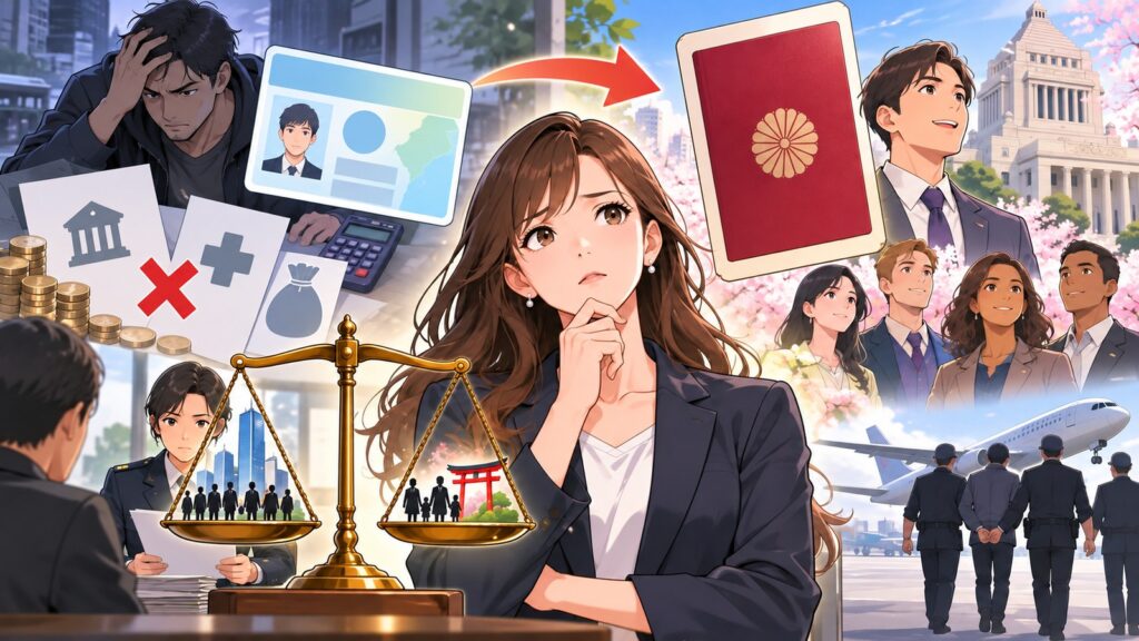 永住許可と帰化制度を考える架空の成人男女を描いたアニメ風イラスト
