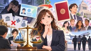 永住許可と帰化制度を考える架空の成人男女を描いたアニメ風イラスト