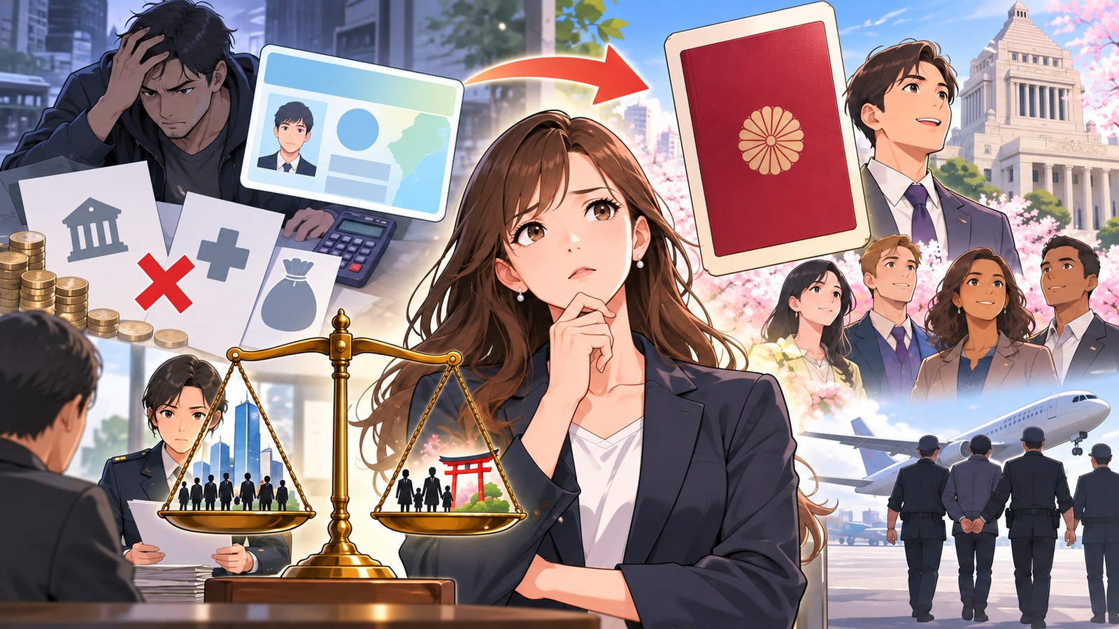 永住許可と帰化制度を考える架空の成人男女を描いたアニメ風イラスト