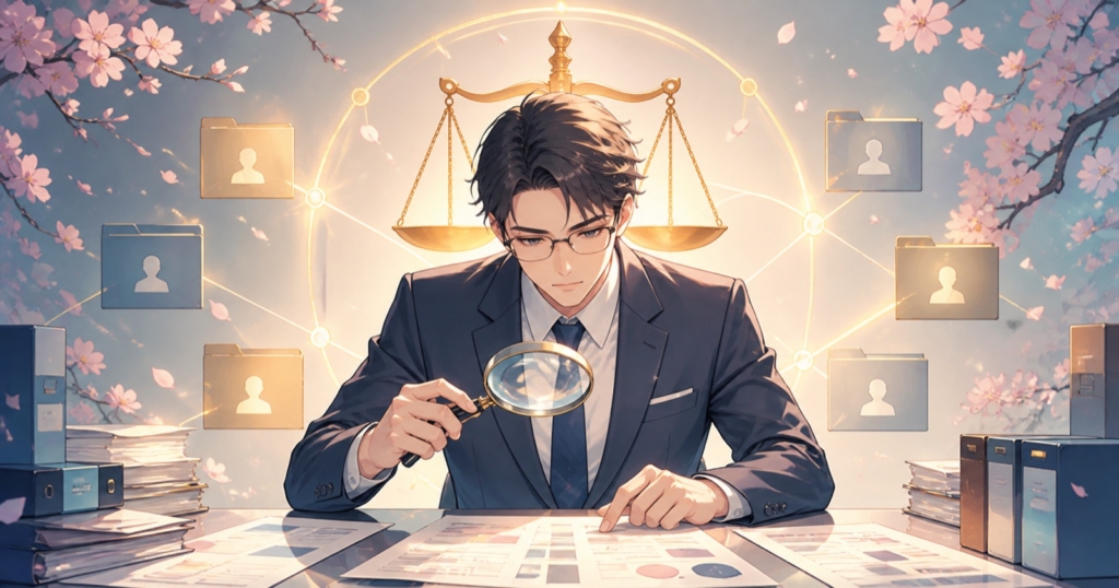 政治資金の書類を調べる男性法務分析者と公平な天秤のアニメ風イラスト