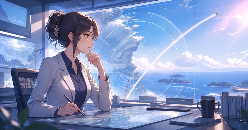海上の飛翔経路と防衛レーダーを分析する女性専門家のアニメ風イラスト