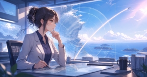 海上の飛翔経路と防衛レーダーを分析する女性専門家のアニメ風イラスト