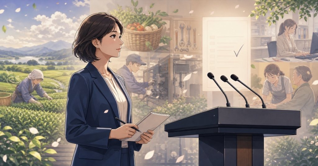 働く人々を背景に空の会見台を見つめる女性記者のアニメ風イラスト