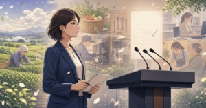 働く人々を背景に空の会見台を見つめる女性記者のアニメ風イラスト