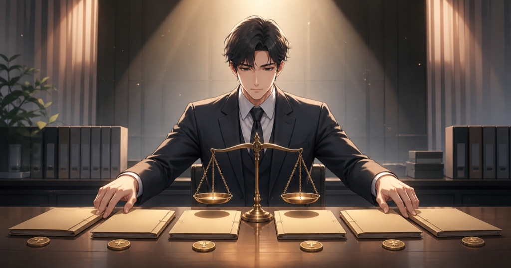 同じ基準で政治資金の資料を調べる男性倫理調査員と天秤のアニメ風イラスト