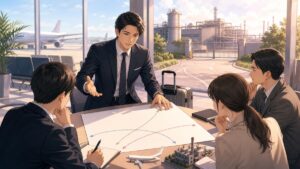 海外事業の撤退計画と社員保護を検討する成人男性の企業安全担当者