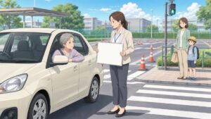 歩行者の安全を重視した運転技能検査を行う成人女性の指導員と高齢運転者