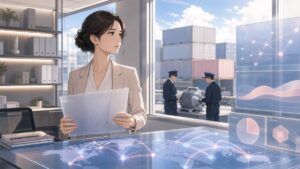 輸出管理リスクと社員保護を検討する成人女性の企業リスク管理者