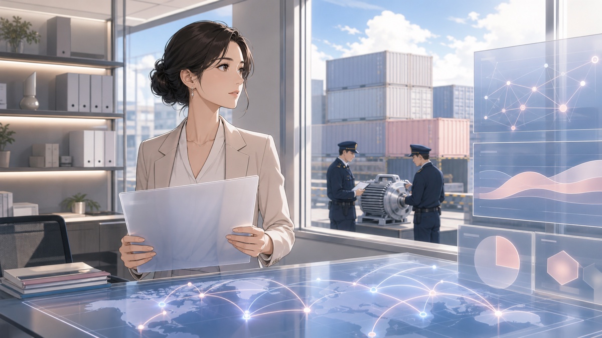 輸出管理リスクと社員保護を検討する成人女性の企業リスク管理者