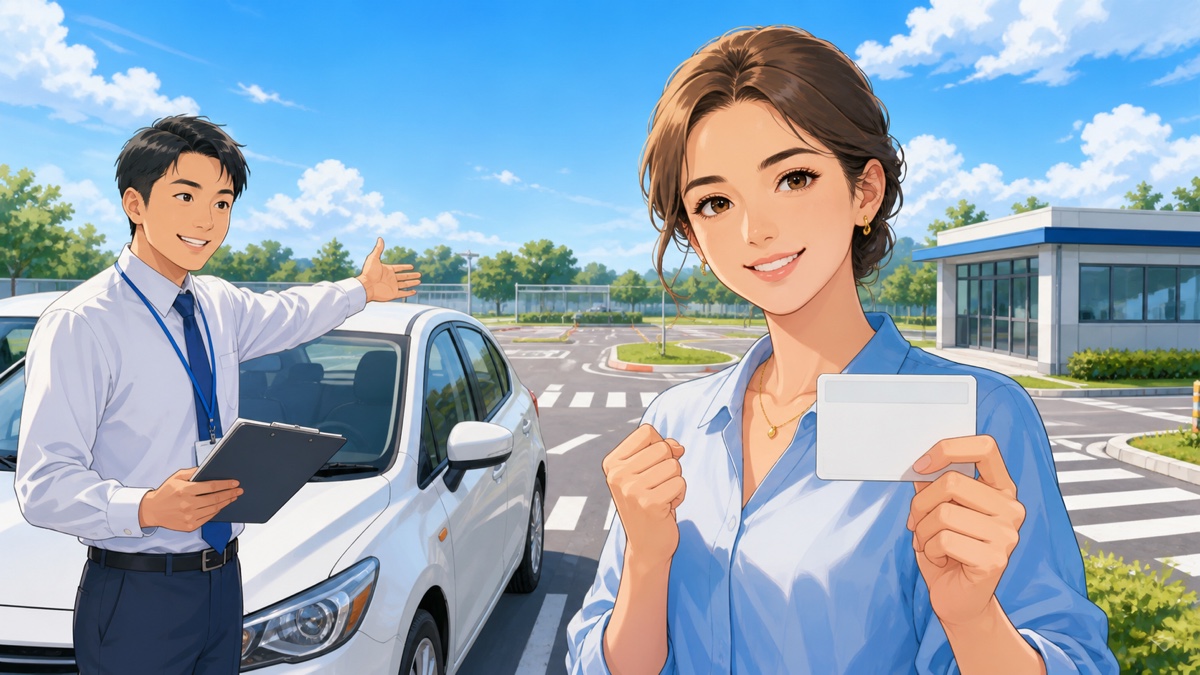 日本の交通ルールを学び運転免許取得を目指す成人女性と教習指導員