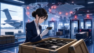 貨物から先端部品を確認し輸出経路を分析する成人女性のアニメ風イラスト
