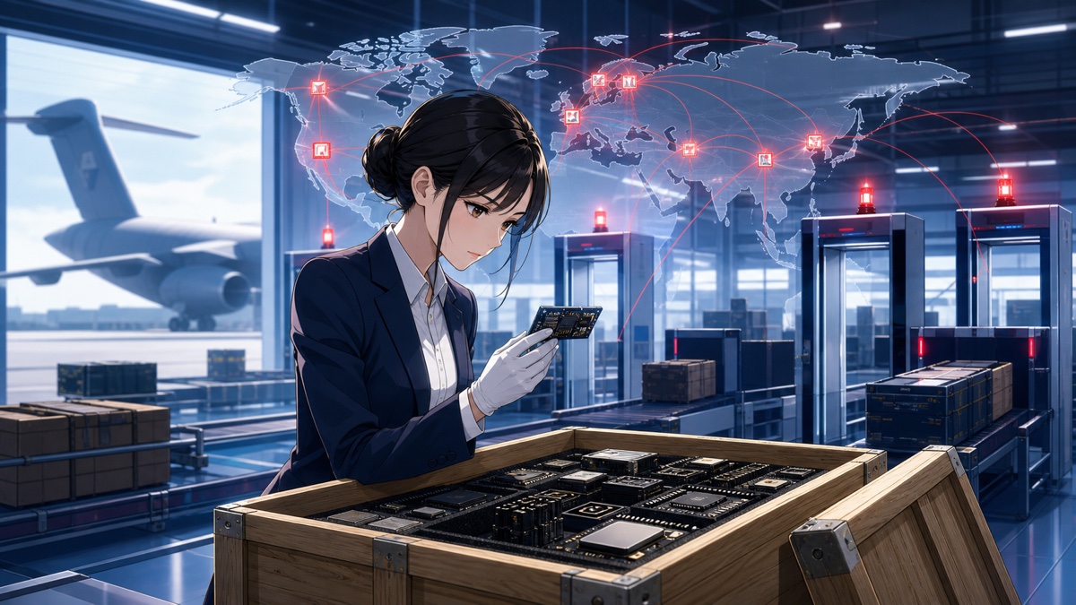 貨物から先端部品を確認し輸出経路を分析する成人女性のアニメ風イラスト