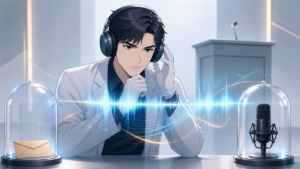 音声波形と証拠を慎重に分析する成人男性鑑定者のアニメ風イラスト