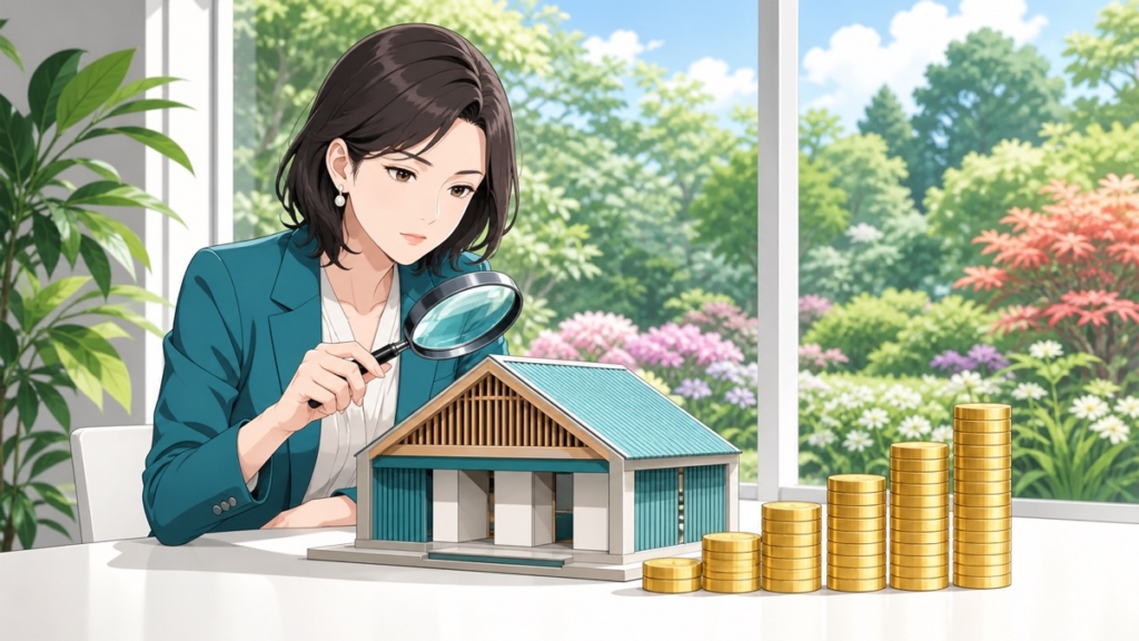 公共施設模型と膨らむ費用を監査する成人女性のアニメ風イラスト