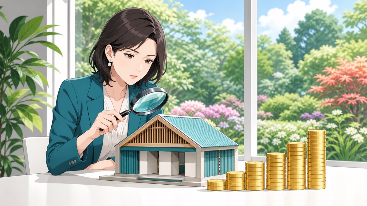 公共施設模型と膨らむ費用を監査する成人女性のアニメ風イラスト