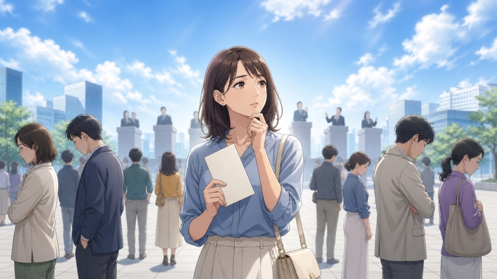 支持政党を決められず投票用封筒を手に考える成人女性のアニメ風イラスト
