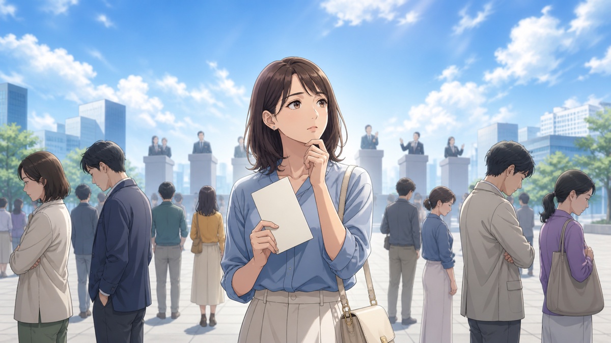 支持政党を決められず投票用封筒を手に考える成人女性のアニメ風イラスト