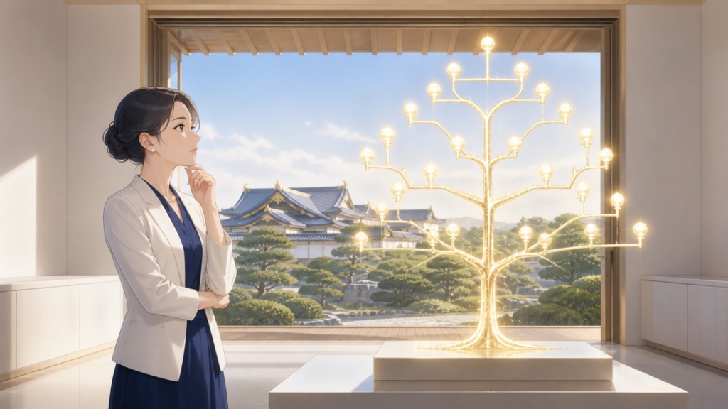 皇室制度の継承を象徴する光の家系樹を見つめる成人女性研究者のアニメ風イラスト