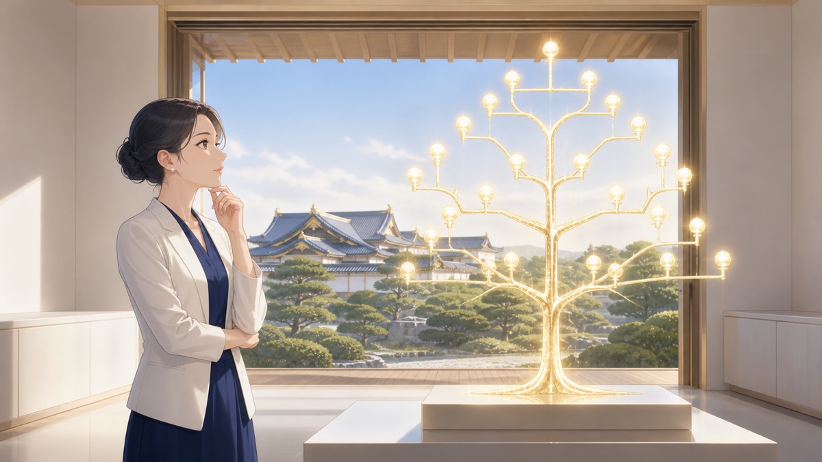 皇室制度の継承を象徴する光の家系樹を見つめる成人女性研究者のアニメ風イラスト