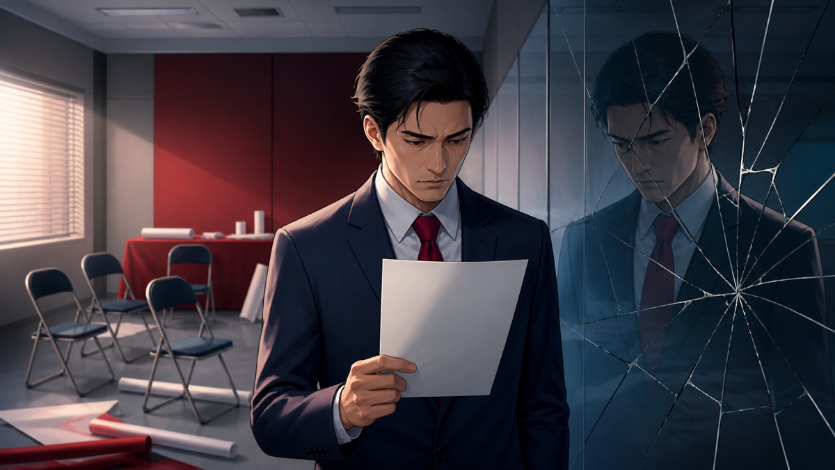 空になった選挙事務所で辞任文書を見つめる成人男性のアニメ風イラスト