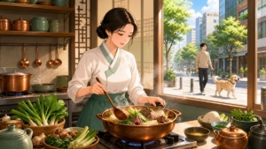 韓国の食文化の変化を受け、代替料理を作る成人女性店主のアニメ風イラスト