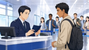 空港で外国人労働者の在留資格を丁寧に審査する成人男性職員のアニメ風イラスト