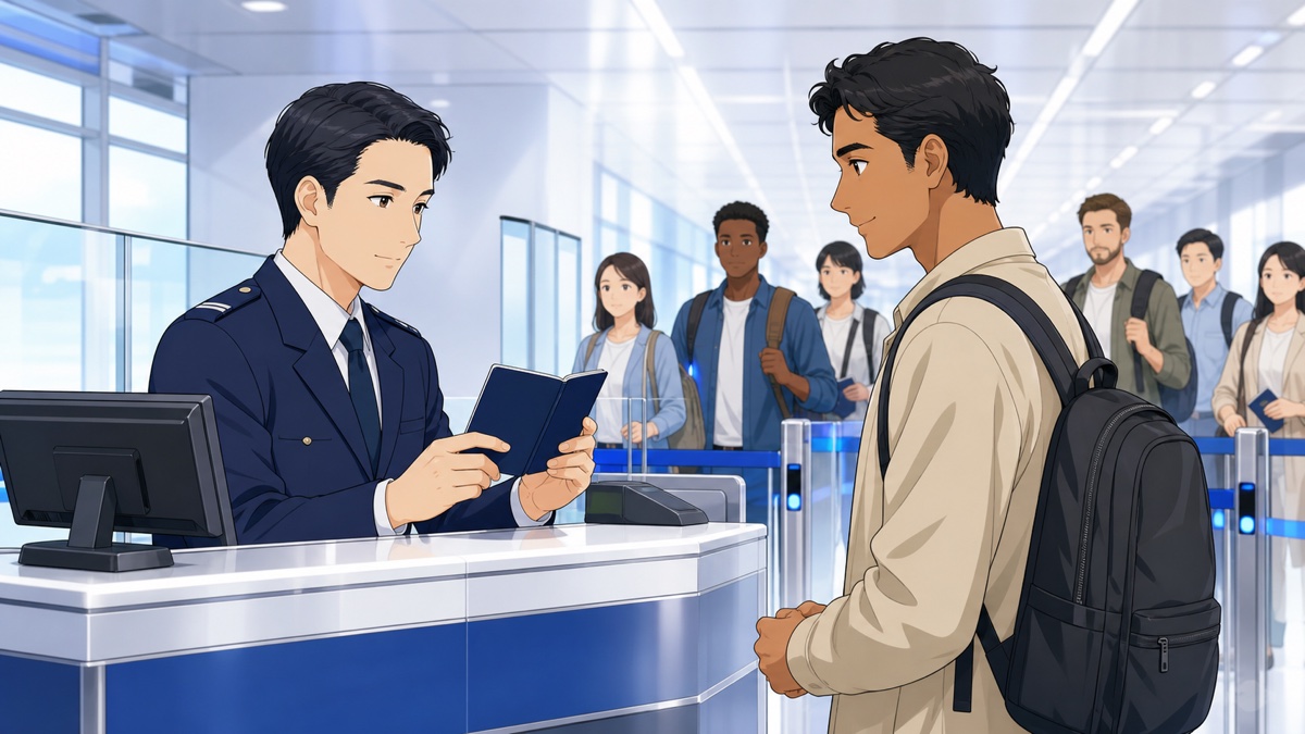 空港で外国人労働者の在留資格を丁寧に審査する成人男性職員のアニメ風イラスト