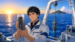 南鳥島沖の海底泥からレアアースを調査する成人男性研究者のアニメ風イラスト