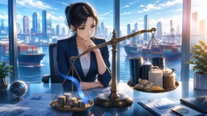 円安と輸入コストの重い天秤を分析する成人女性のアニメ風イラスト
