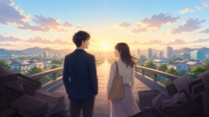 重い生活負担を越えて希望のある街へ進む成人男女のアニメ風イラスト