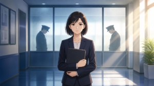 警察組織の不祥事と信頼回復を象徴する成人女性監察官のアニメ風イラスト