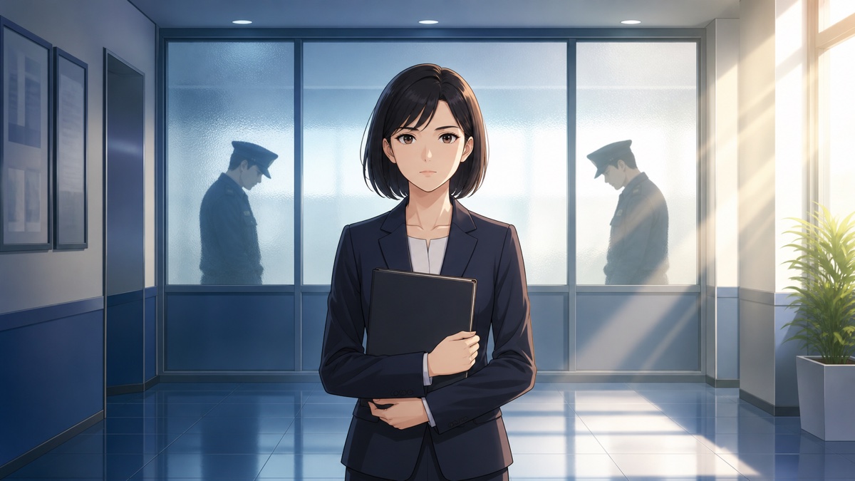 警察組織の不祥事と信頼回復を象徴する成人女性監察官のアニメ風イラスト