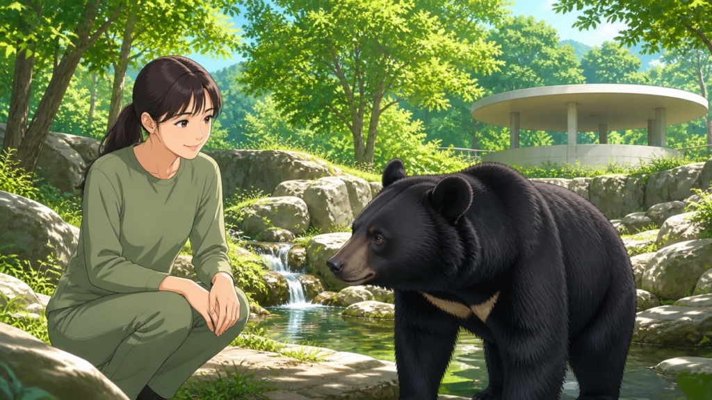 自然豊かな動物園でツキノワグマを見守る成人女性のアニメ風イラスト