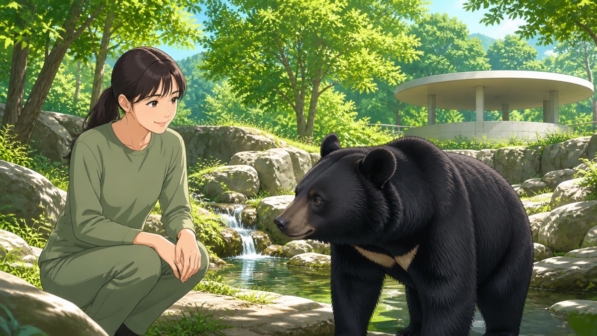 自然豊かな動物園でツキノワグマを見守る成人女性のアニメ風イラスト