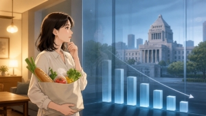 食料品を抱え、政府と低下する支持を見つめる成人女性のアニメ風イラスト