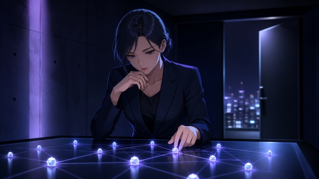 暗い情報室で光るネットワークを分析する成人女性のアニメ風イラスト
