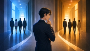 二つに分かれる政治の進路を考える成人男性の政治分析者のアニメ風イラスト