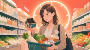 物価高のスーパーで食料品と空の財布を見つめる成人女性のアニメ風イラスト