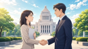 選挙公約を有権者との約束として受け止め、政策資料を手に政治家と向き合う成人女性のアニメ風イラスト