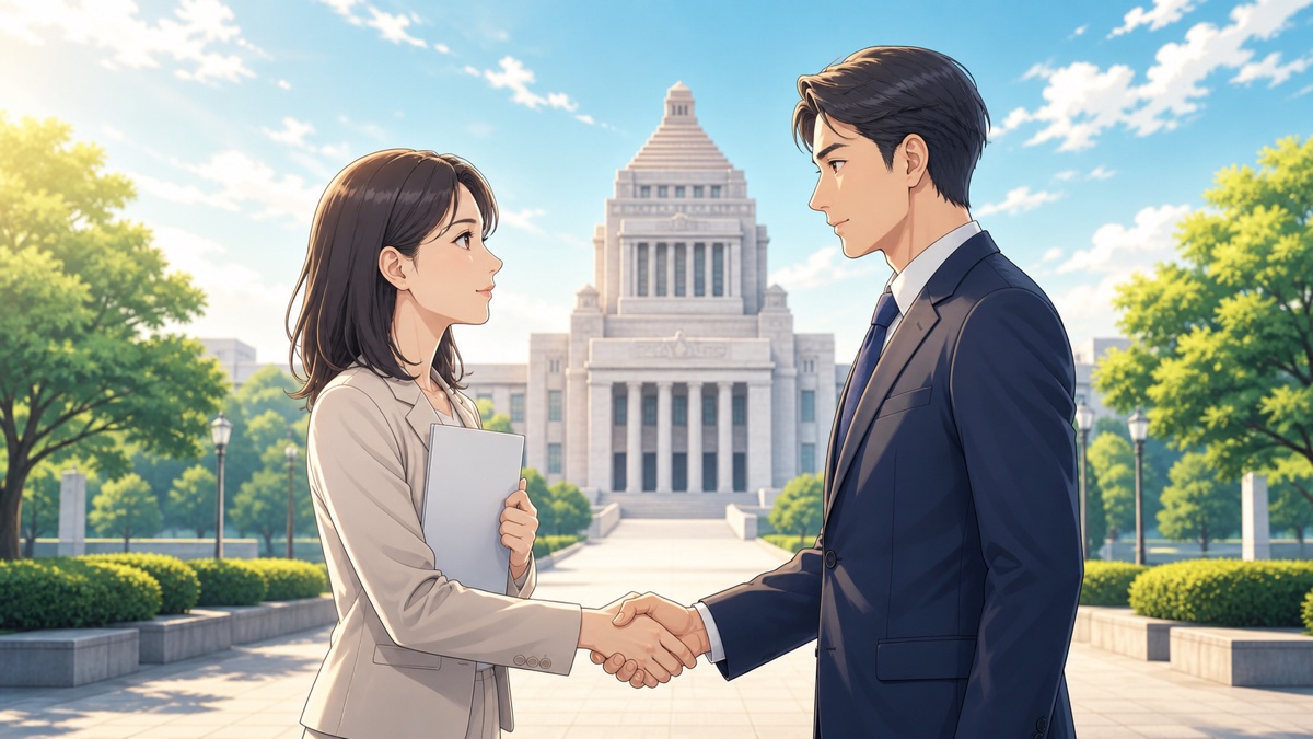 選挙公約を有権者との約束として受け止め、政策資料を手に政治家と向き合う成人女性のアニメ風イラスト