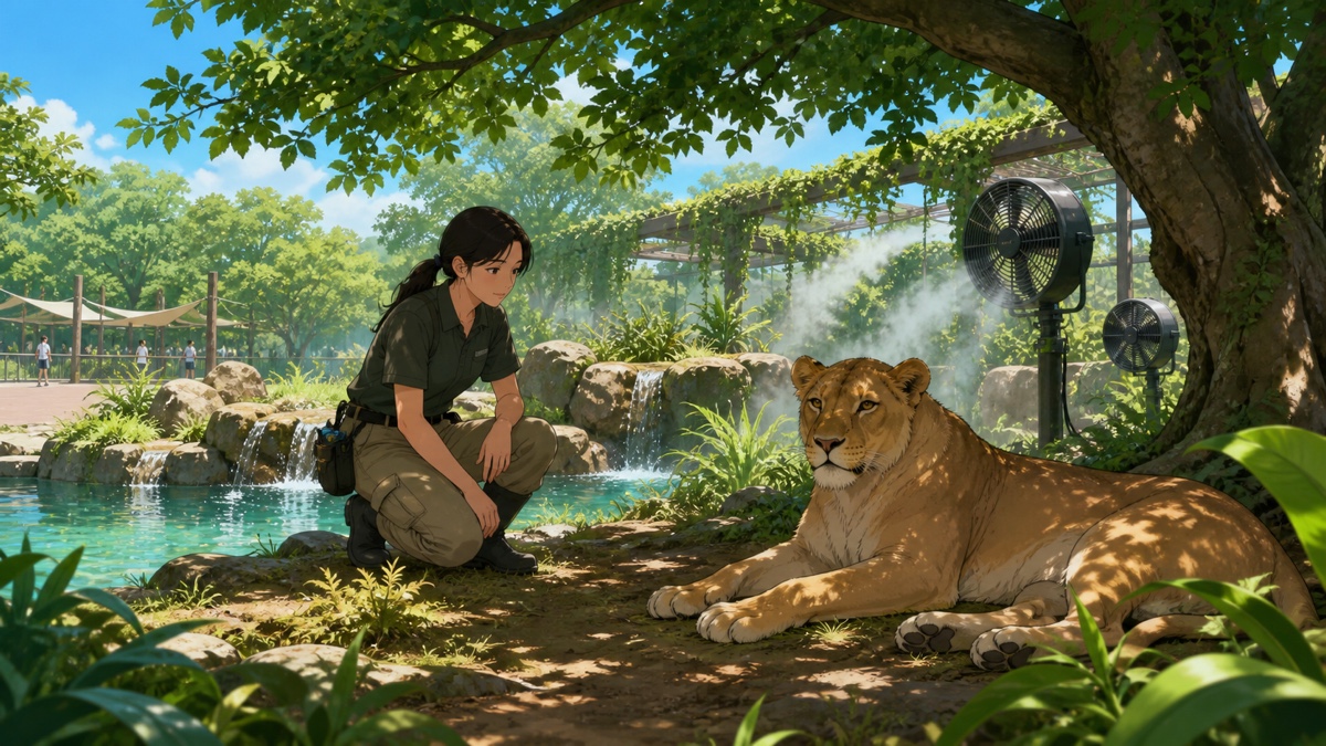 日陰とミストで涼むライオンを見守る成人女性飼育員のアニメ風イラスト