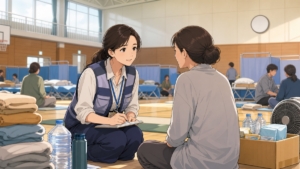 避難所で被災者の声を丁寧に聞く成人女性支援担当者のアニメ風イラスト