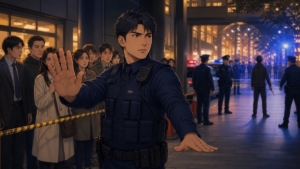 市民を安全な場所へ誘導し危険を制止する成人警察官のアニメ風イラスト