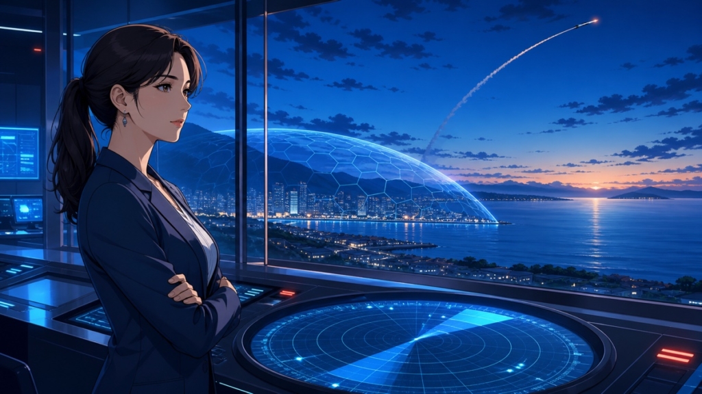 沿岸都市を守る防衛監視室でミサイル警戒にあたる成人女性のアニメ風イラスト
