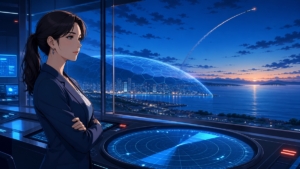 沿岸都市を守る防衛監視室でミサイル警戒にあたる成人女性のアニメ風イラスト