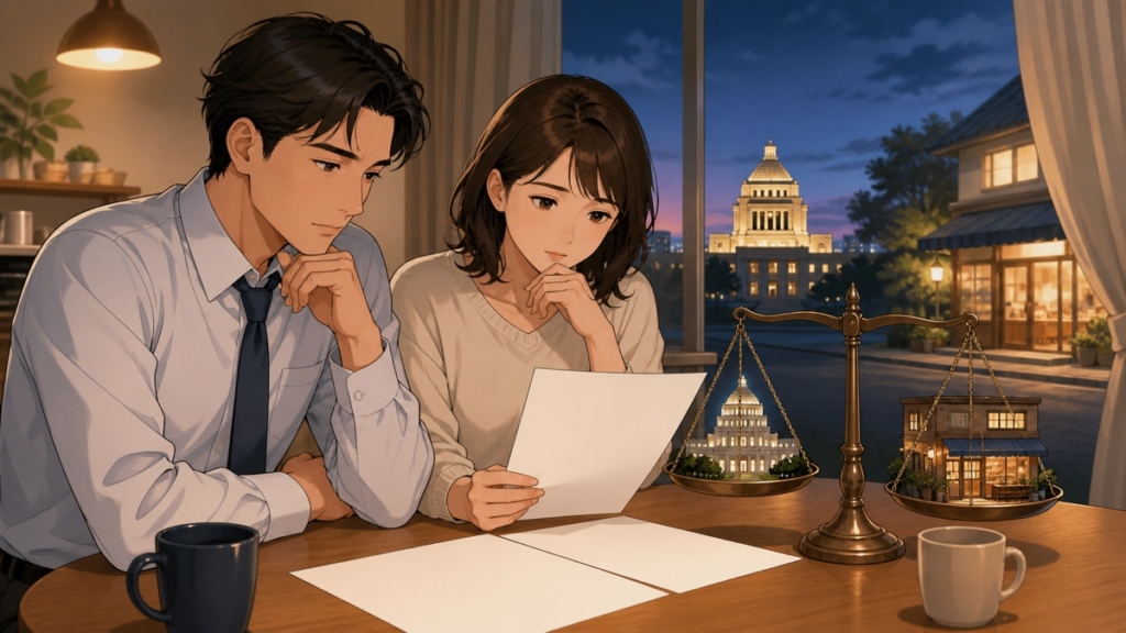 公務員給与と家計の安定を検討する成人カップルのアニメ風イラスト