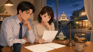 公務員給与と家計の安定を検討する成人カップルのアニメ風イラスト