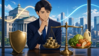 通貨防衛と物価・金利の均衡を考える成人男性エコノミストのアニメ風イラスト