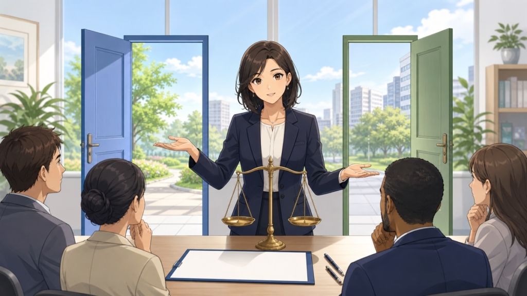 永住制度と共生政策を公平に説明する成人女性法律アナリストのアニメ風イラスト
